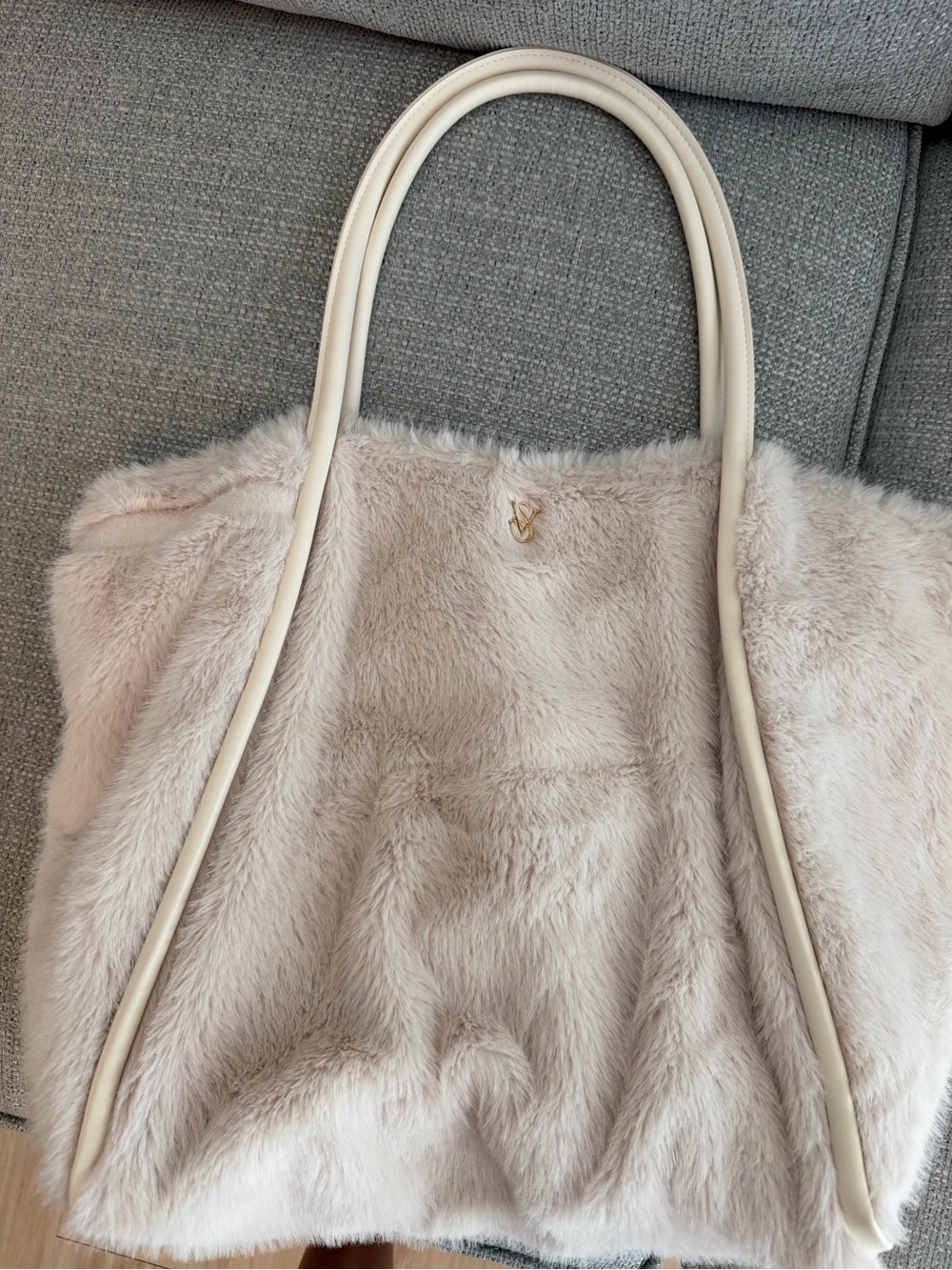 Victoria Secret White Faux Fur Tote with Cream Handles
